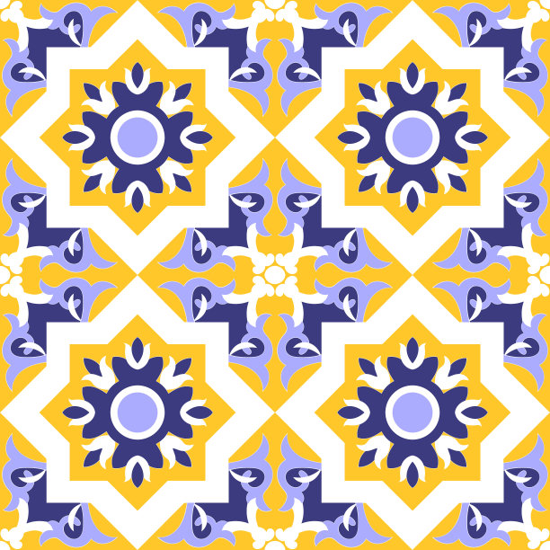 观赏砖图案矢量无缝蓝、黄、白三色。阿苏莱荷斯葡萄牙，西班牙，摩洛哥，墨西哥塔拉维拉，意大利西西里或摩尔阿拉伯花卉图案瓷砖设计。图片下载