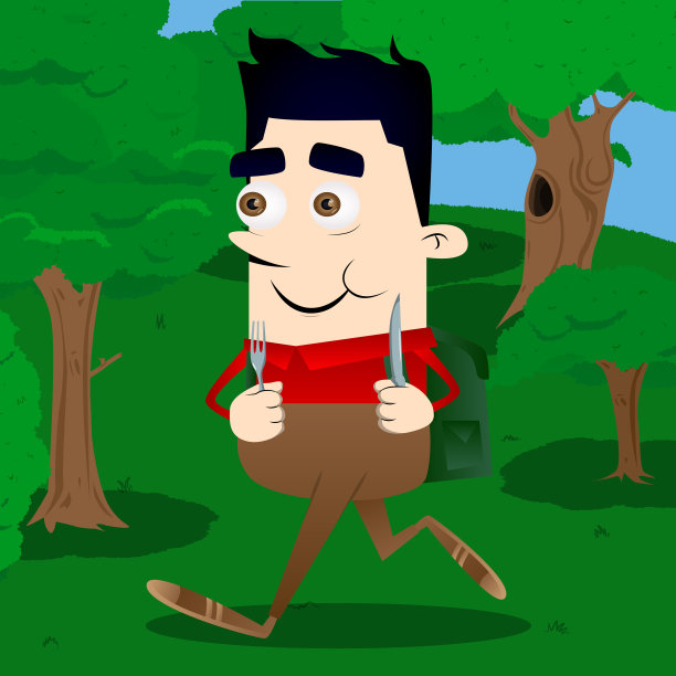 一个男生拿着刀叉。图片下载