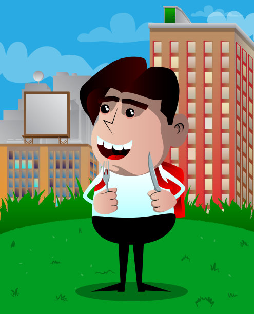 一个男生拿着刀叉。图片下载