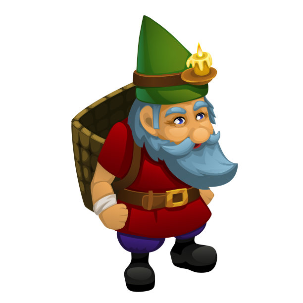 戴着绿帽子的老矮人，手里拿着一篮饲料，孤立在白色的背景下。矢量卡通特写插图图片下载