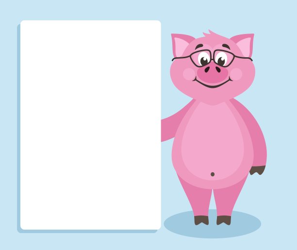 可爱的粉红色小猪戴着蓝色背景的眼镜。图片下载