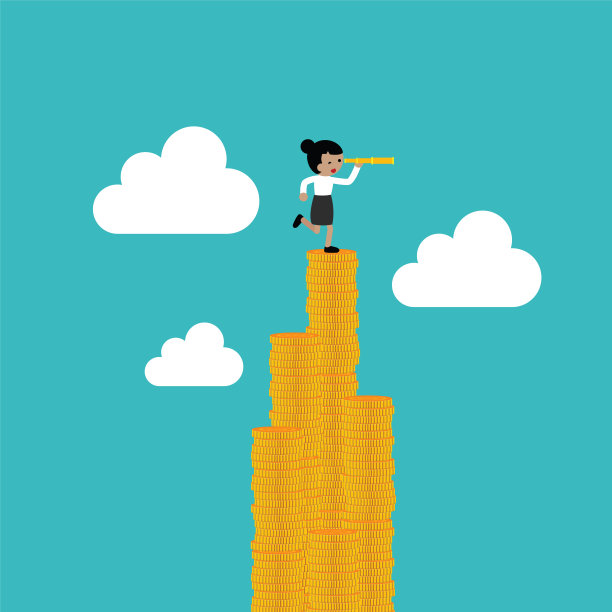 女商人拿着望远镜站在一堆硬币上图片下载