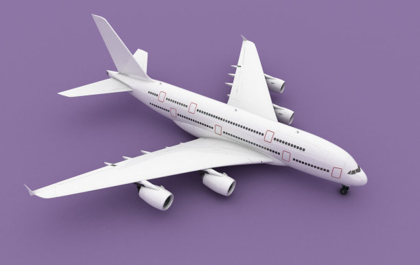 飞机的3D插图孤立在紫色柔和的颜色背景。平面设计。的角度来看图片下载