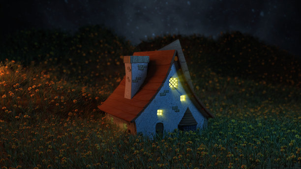 精灵房子在蒲公英花花园3D壁纸-库存图像图片下载