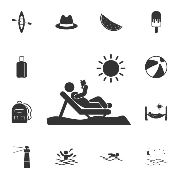晒日光浴，看书。详细的一套夏季插图。优质的图形设计图标。收藏图标之一的网站，网页设计，移动应用程序图片下载