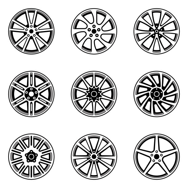 一组汽车车轮。平面向量图片下载