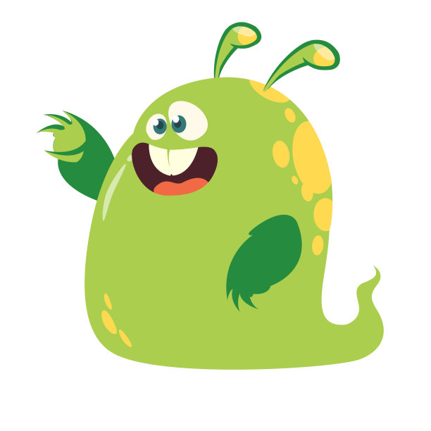 滑稽快乐的卡通怪物指着手。矢量万圣节的绿色怪物斑点的插图图片下载