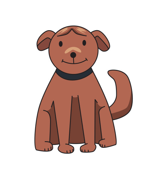 滑稽微笑的狗卡通人物。棕色的狗坐着。平面向量插图。孤立在白色背景上。图片下载