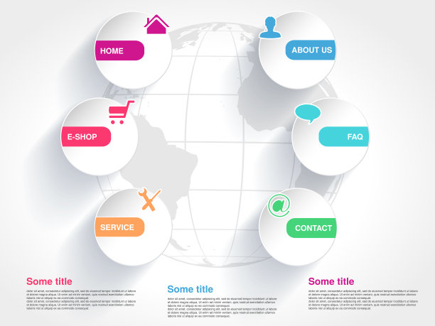 矢量模板与全球为web使用。菜单按钮与象征的家，网上商店，服务，关于我们，常见问题，联系。纸圆形标签。导航选项。网站上的6步。图片下载