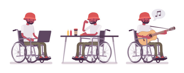 年轻的黑人男性坐着轮椅，用笔记本电脑吃饭，唱歌图片下载