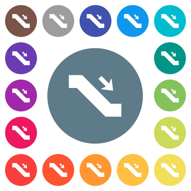 自动扶梯下行标志，圆形背景上的白色图标图片下载