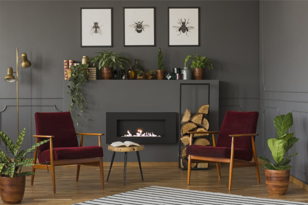 植物旁边的暗红色的木制扶手椅在平面室内与壁炉下的海报。真实的照片图片下载