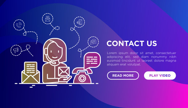 联系我们的细线图标:呼叫中心接线员在耳机接听电子邮件和电话。现代矢量插图，网页模板上的梯度背景。图片下载