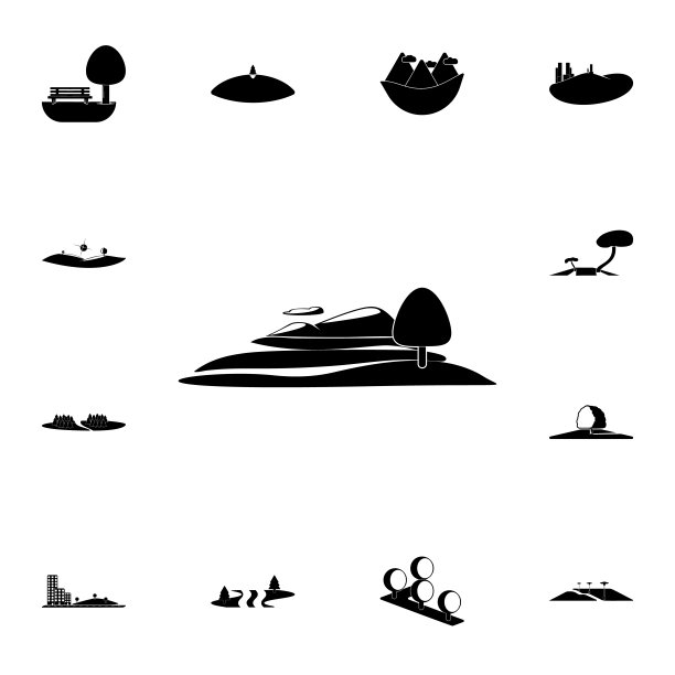 树在山脚下的图标。详细的一套公园和景观图标。优质的平面设计标志。其中一个收集图标的网站，网页设计图片下载