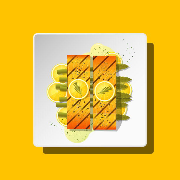 烤鲑鱼排与蔬菜和香料的盘子，矢量，插图图片下载