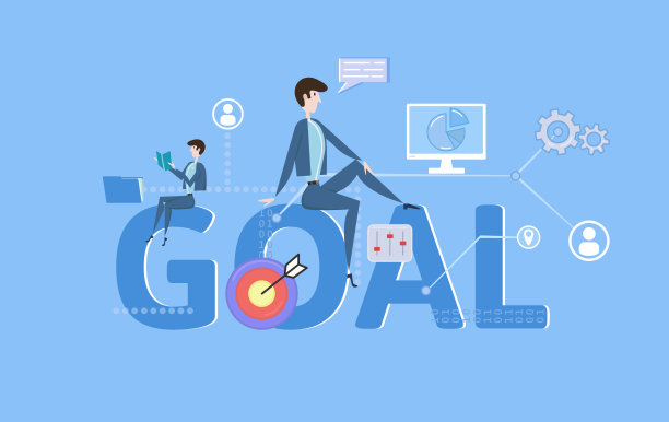 的目标。概念表与关键字，字母和图标。彩色的平面矢量插图上的蓝色背景。图片下载