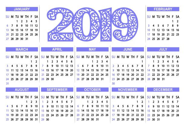 日历2019在一个白色的背景。图片下载