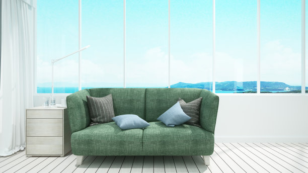 客厅和自然景观在大堂或咖啡厅-客厅在住宅或公寓在海景背景-室内简单设计- 3D渲染图片下载