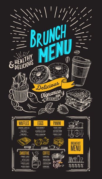 早午餐餐厅菜单。酒吧和咖啡馆的矢量食物传单。设计模板与老式手绘插图在黑板的背景。图片下载