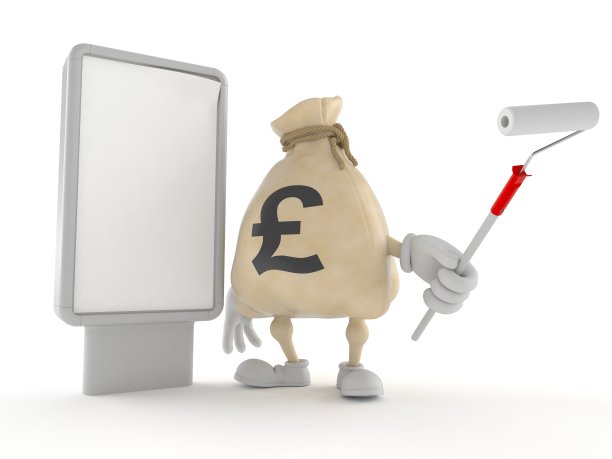 英镑钱袋字符与空白广告牌图片下载