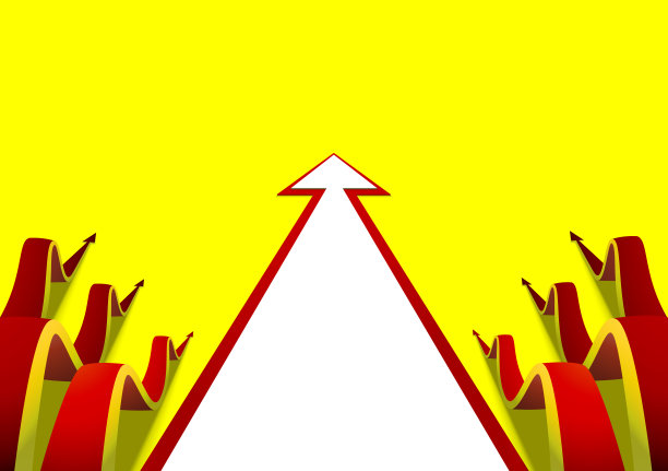 六个波浪状的箭头向前爬行，一些朴素的白色箭头黄色背景图片下载