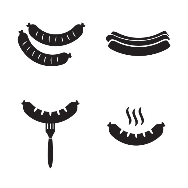 烧烤烧烤香肠矢量图标设置，热狗，生的和香肠上叉图片下载