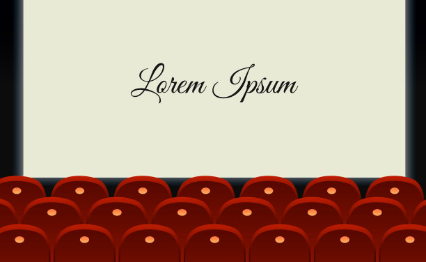 矢量插图电影院大厅与发光的空白屏幕与地方的文本和空白的红色座位在线条风格。图片下载