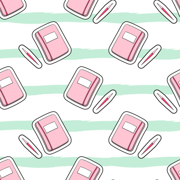 可爱的女孩图案矢量无缝与笔记本和薄荷笔刷条纹。青少年或学生返回学校背景。固定结构。图片下载