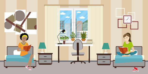 宿舍里的卡通少女女生。女孩的角色图片下载