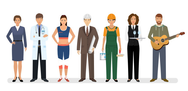 员工和工人角色与医生、工程师和音乐家站在一起。七人组图片下载