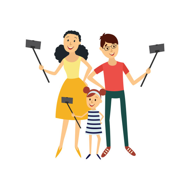 幸福的三口之家用智能手机和单脚架自拍。图片下载