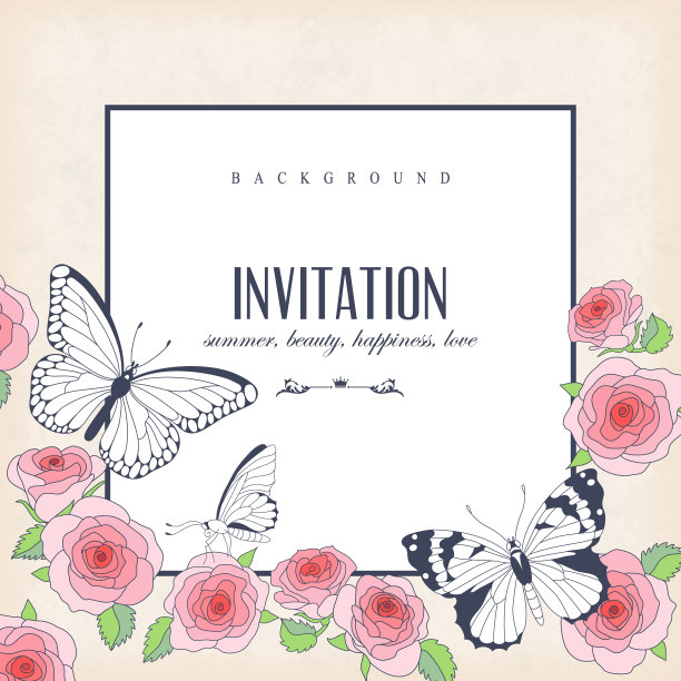 矢量邀请卡与蝴蝶和玫瑰图片下载