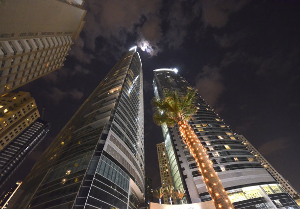 仰望迪拜金融区黄昏时分的摩天大楼图片下载