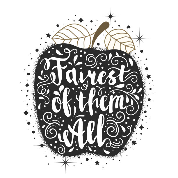 漂亮的海报，上面有手绘字母“最美丽的”和有毒的苹果。白雪公主图案。图片下载