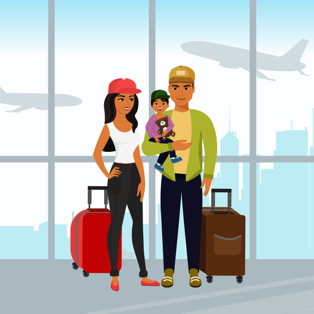 矢量插图的幸福家庭一起旅行。父亲母亲和儿子带着行李在机场的平面卡通风格。图片下载