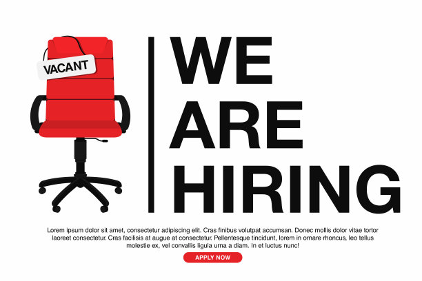 企业招聘和招聘理念。我们正在招聘，横幅概念，空缺职位。白色背景上的空办公椅和空标志图片下载