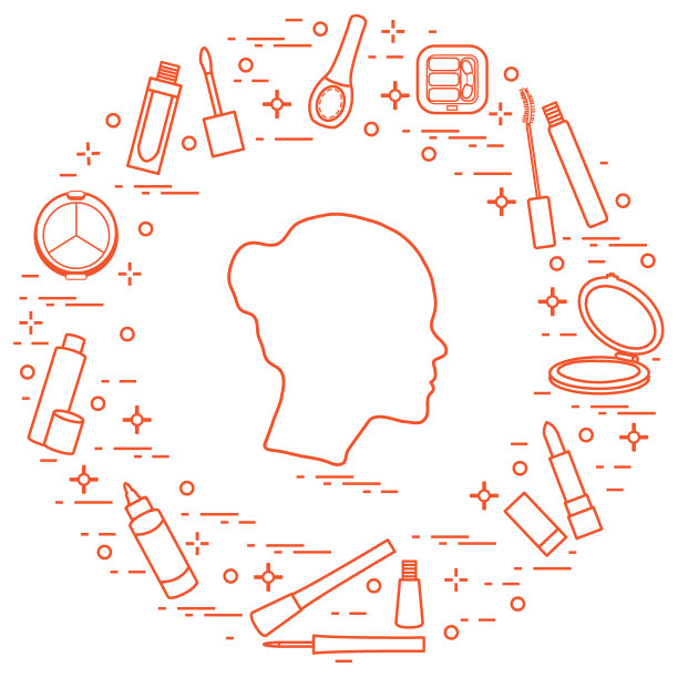 女性头部剪影及各种配饰应用于装饰性化妆品。图片下载