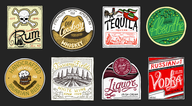 美国的象征。苦艾酒，龙舌兰酒，伏特加，利口酒，朗姆酒，烈性威士忌，啤酒。酒精标签与书法元素。海报横幅的框架。手绘刻字t恤图片下载