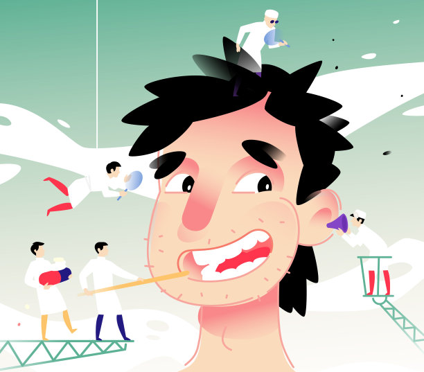 一个兴高采烈的人在医生接待处的插图。矢量插图。一个年轻人正在接受医疗预防和测试。平面插图的旗帜和网站。可爱的性格。图片下载