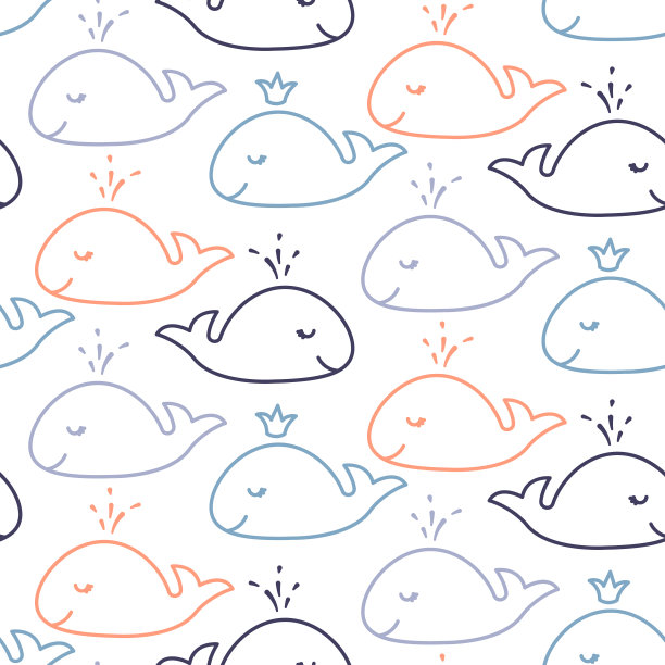 可爱的鲸鱼宝宝线条风格无缝矢量图案图片下载