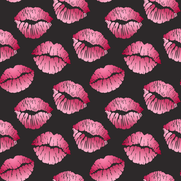 无缝图案与金色嘴唇打印，金色的嘴唇在黑色的背景。矢量图图片下载
