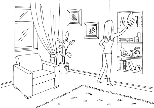 客厅图形黑白家居室内插图矢量。女人清洁货架图片下载