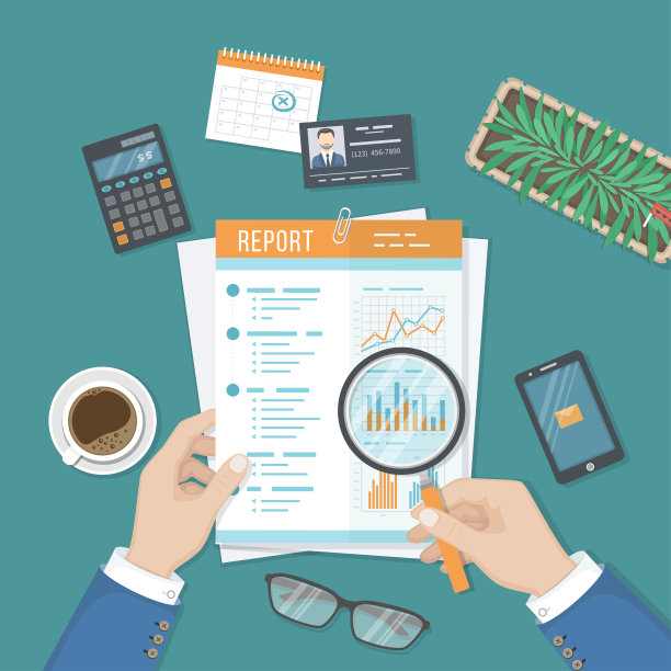 用放大镜分析报告，用图表分析纸质文件。研究、规划、分析。书桌，计算器，名片，电话，眼镜，日历。从上面的观点图片下载