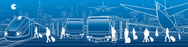 运输全景。乘客进出公共汽车。人们上火车。航空旅游基础设施。飞机在跑道上。夜城背景，矢量设计艺术图片下载