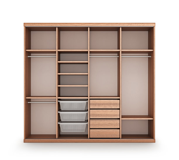 现代木质衣橱与开放的门。三维演示素材图片