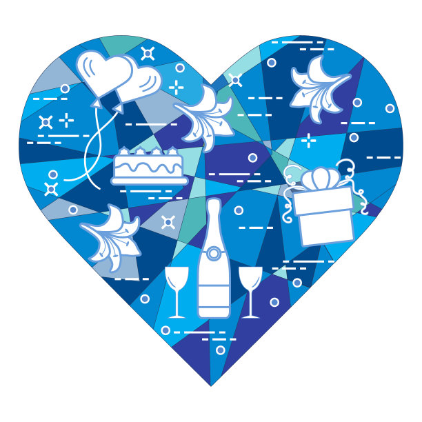 镶嵌心形的礼物，气球，蛋糕，百合，高脚杯，瓶子。情人节贺卡。图片下载