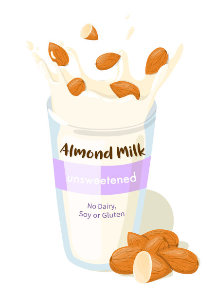 杏仁牛奶飞溅与全杏仁在一个玻璃矢量包装设计。健康饮食卡通插图孤立在白色的背景图片下载