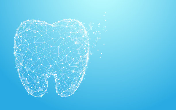 健康牙齿形成线条，三角形和粒子风格的设计。说明向量图片下载