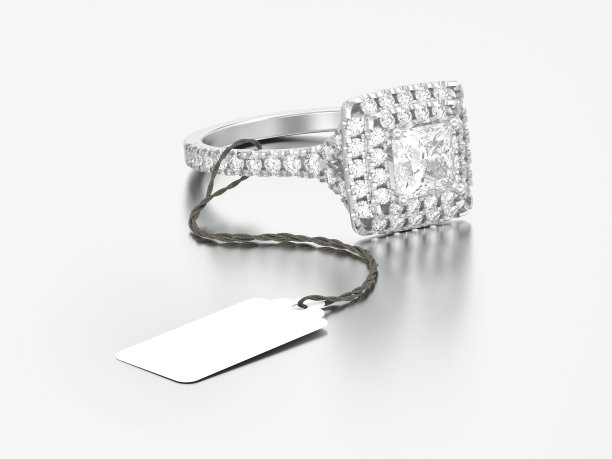 3D插图白色黄金或银色订婚钻石戒指与绳标签图片下载