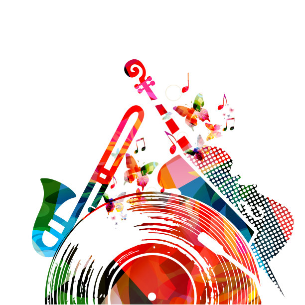 彩色音乐背景海报与黑胶唱片，大提琴，小号和音乐笔记图片下载